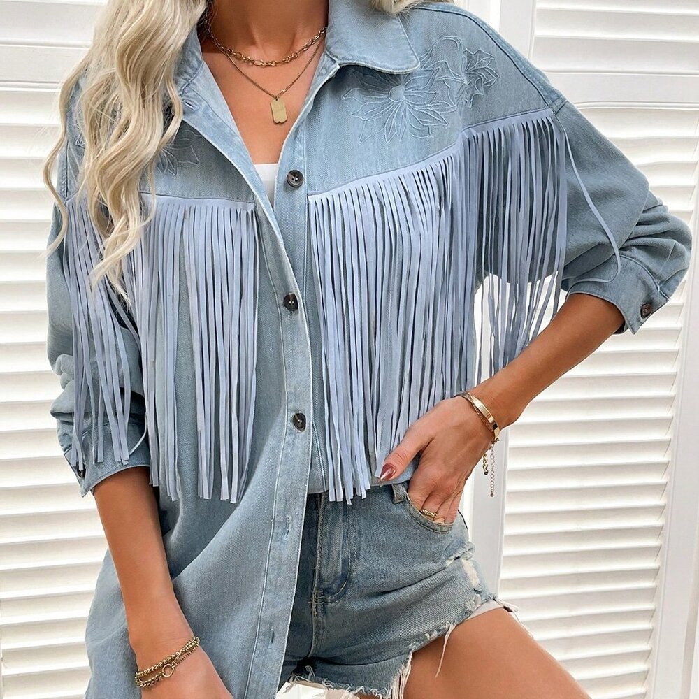Light Wash Casual Women's Fringe Decorated Denim Jacket - Picture 5 of 6